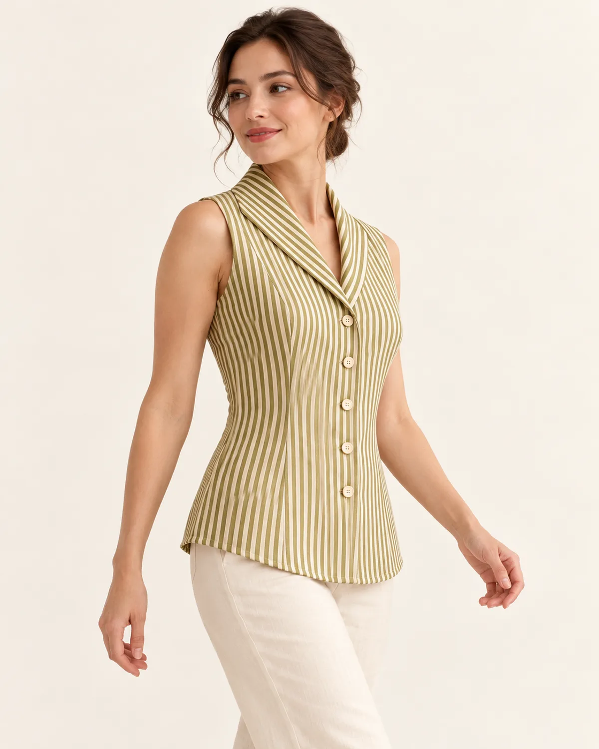 Sleeveless Shawl Collar Blouse, side three-quarter view in use