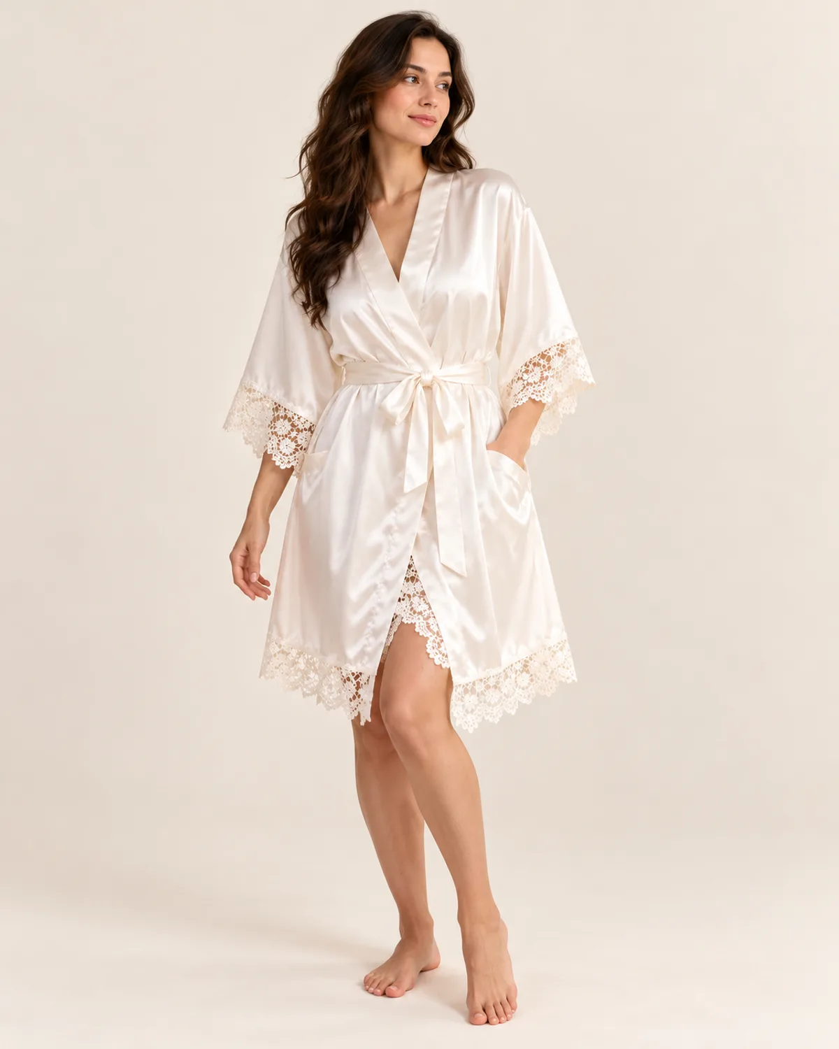 Satin Wrap Robe, front three-quarter view in use