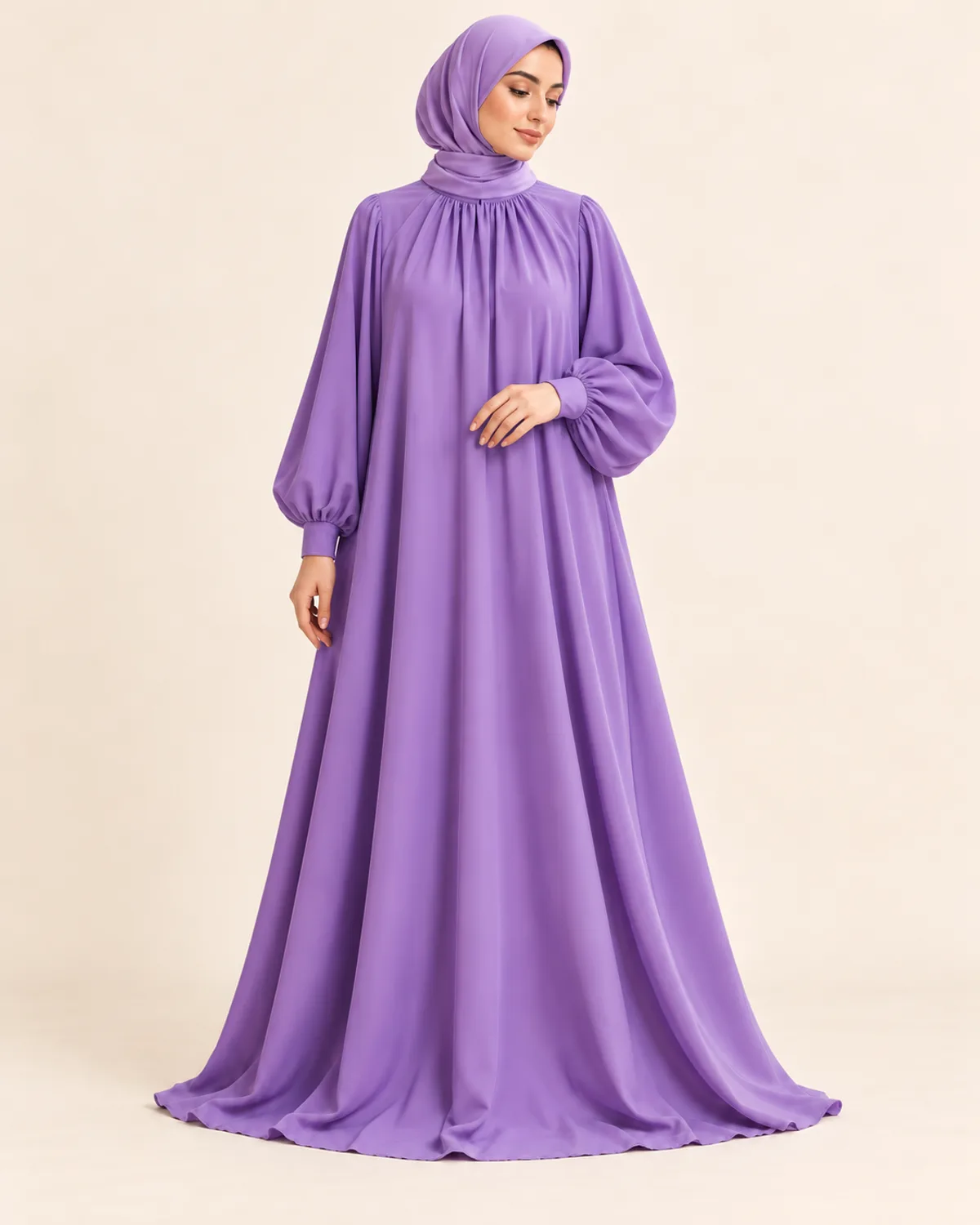 Pleated Neck Abaya, front three-quarter view in use