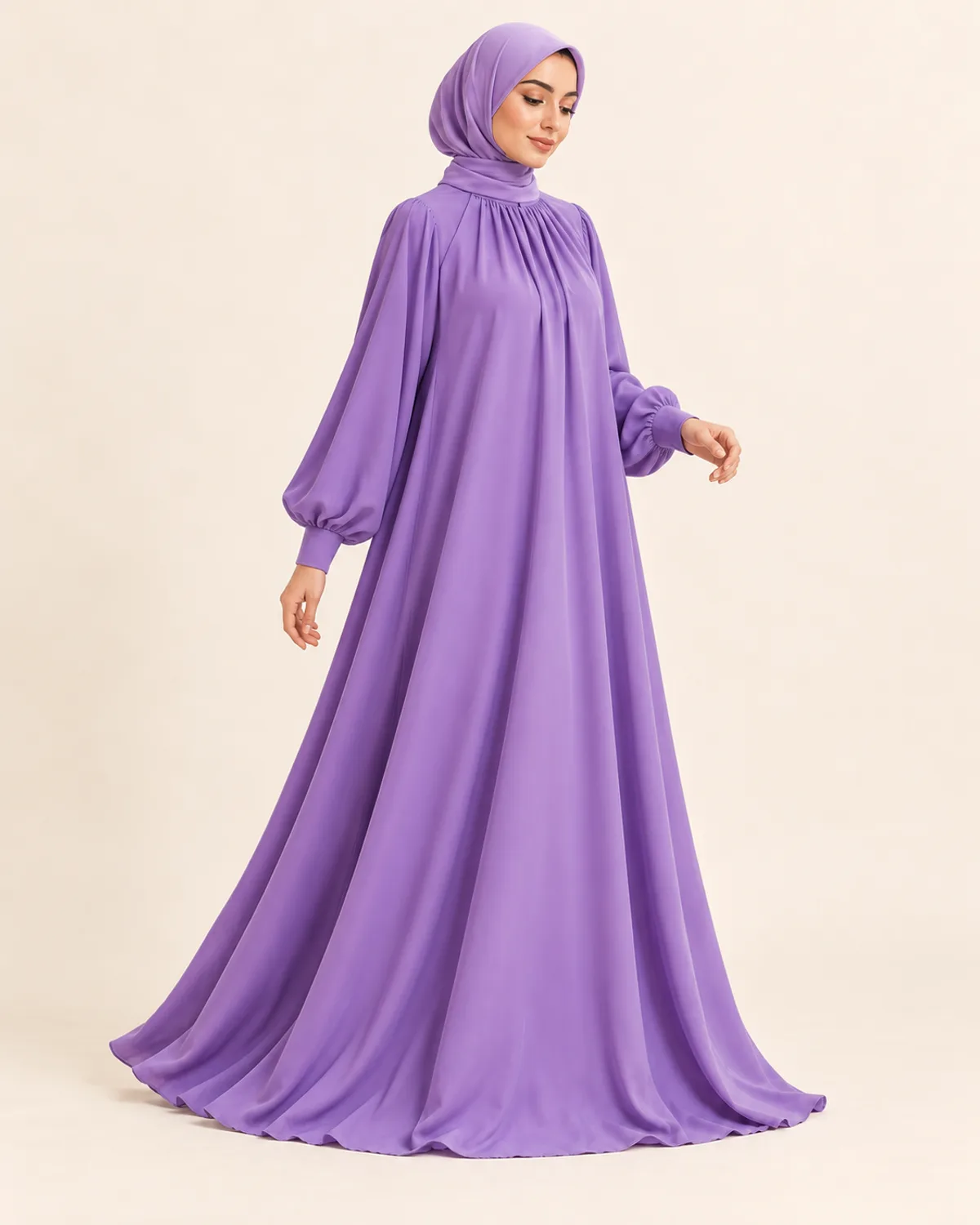 Pleated Neck Abaya, side three-quarter view in use