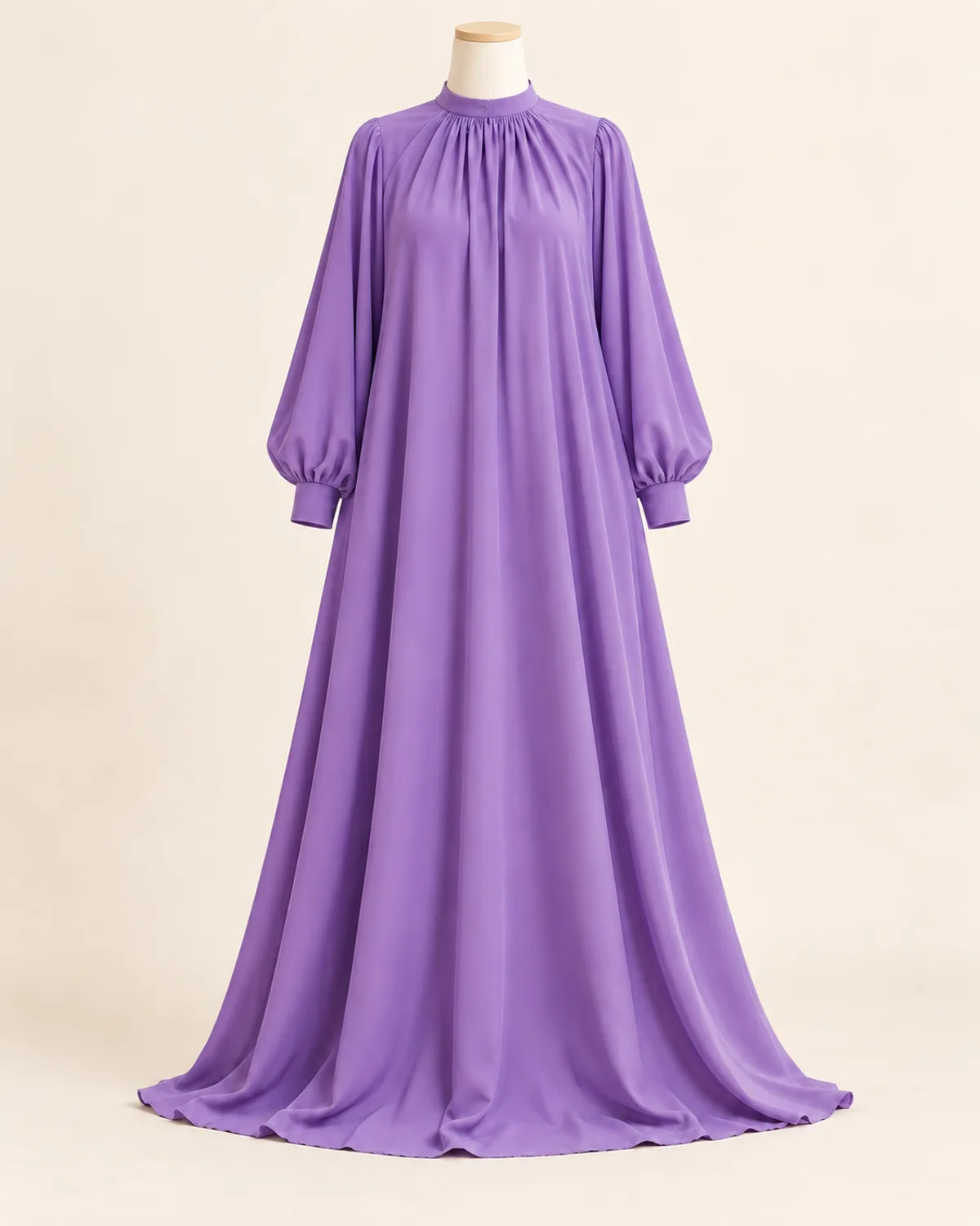 Pleated Neck Abaya, finished product on a warm off-white background