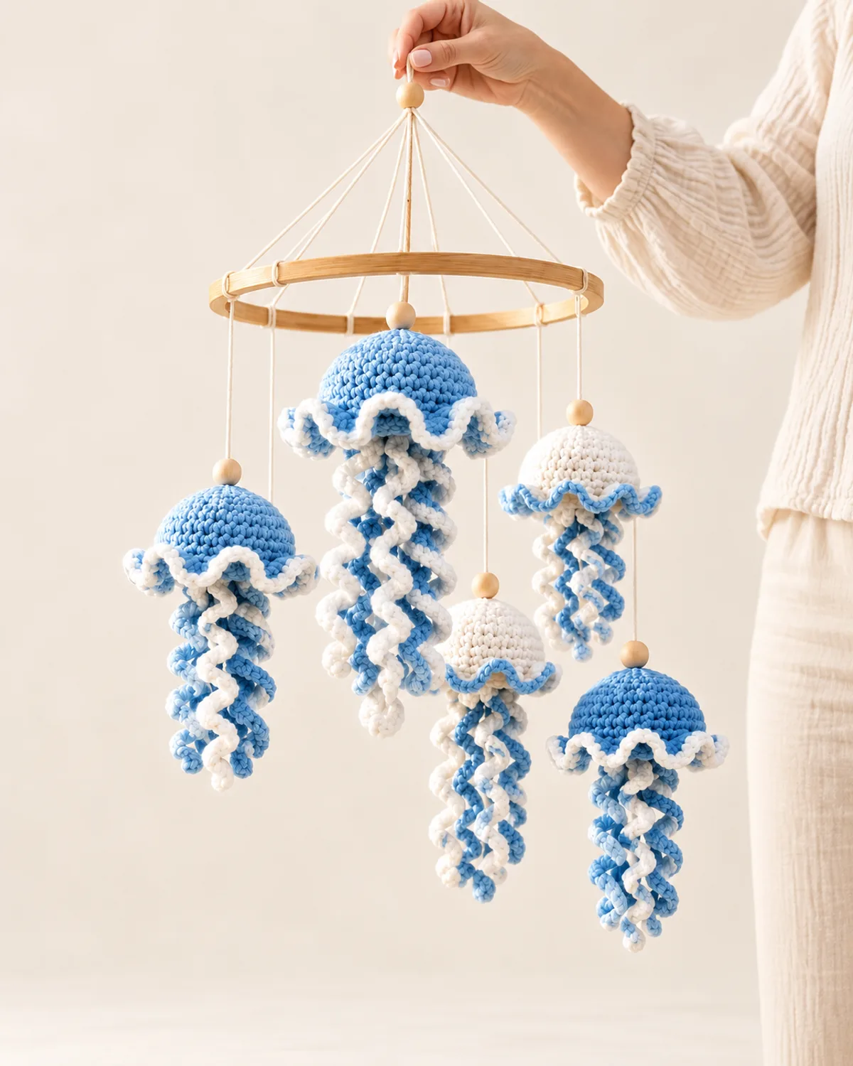 Spiral Jellyfish Hanging Mobile, front three-quarter view in use