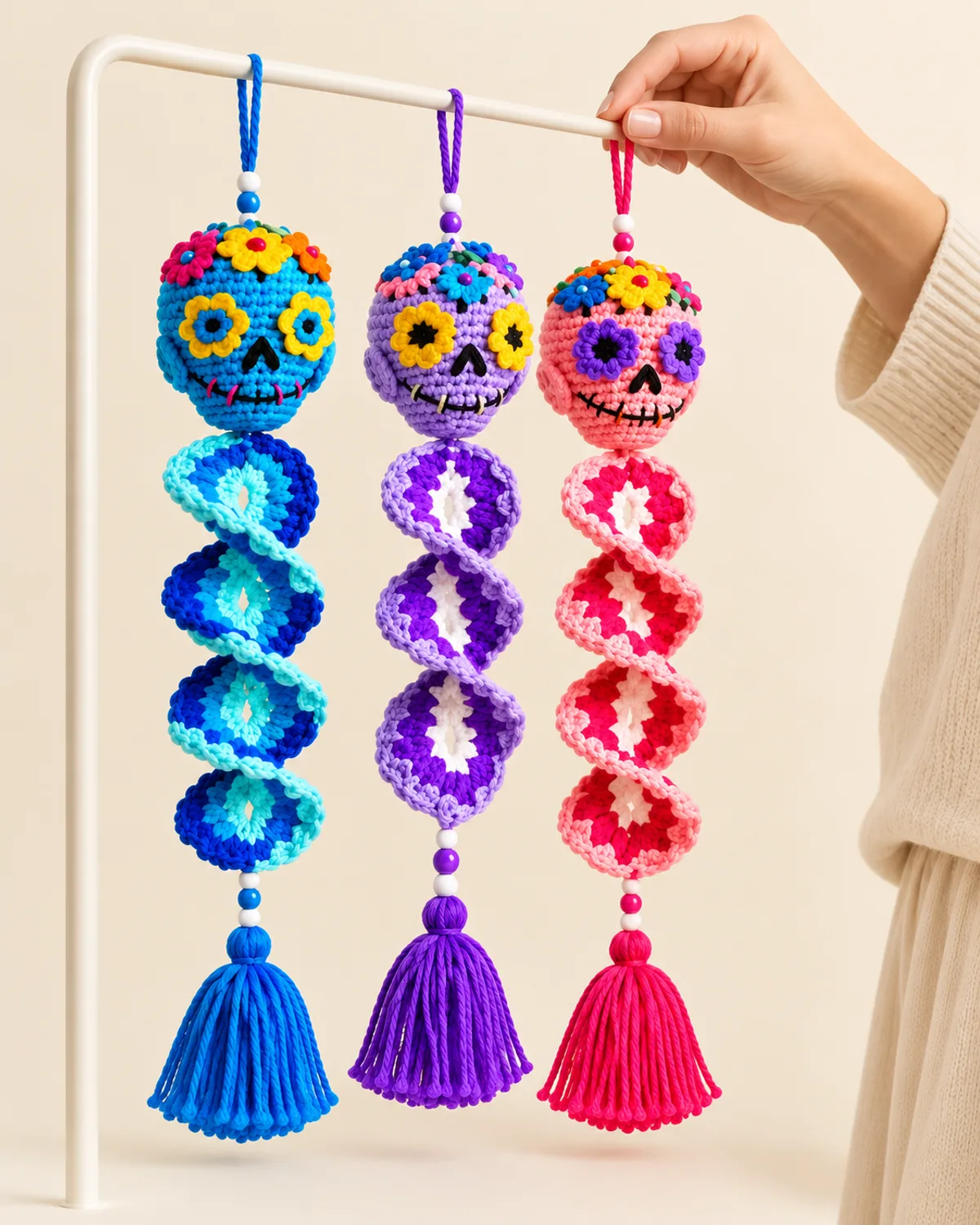 Sugar Skull Wind Spinner, side three-quarter view in use