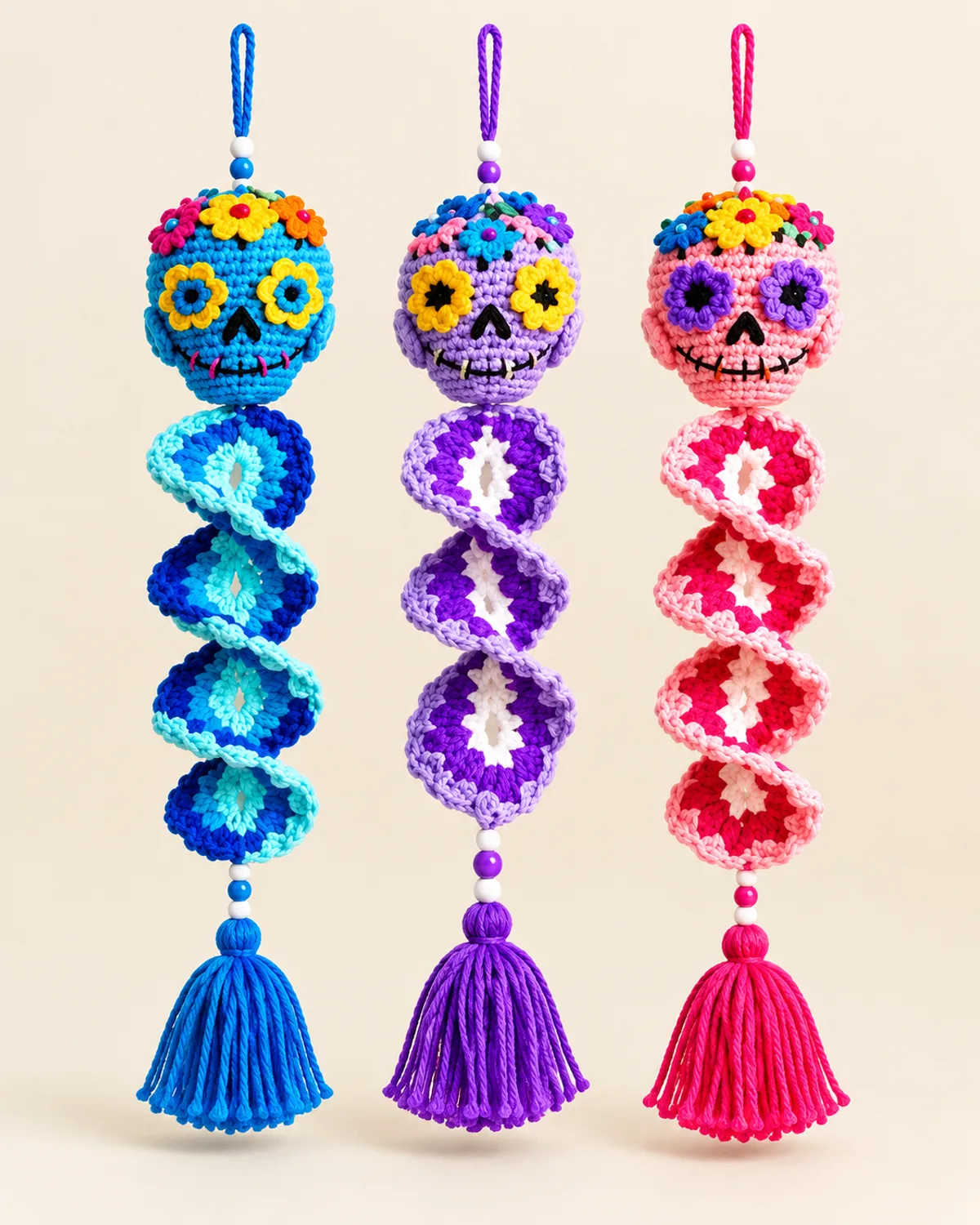 Sugar Skull Wind Spinner, finished product on a warm off-white background