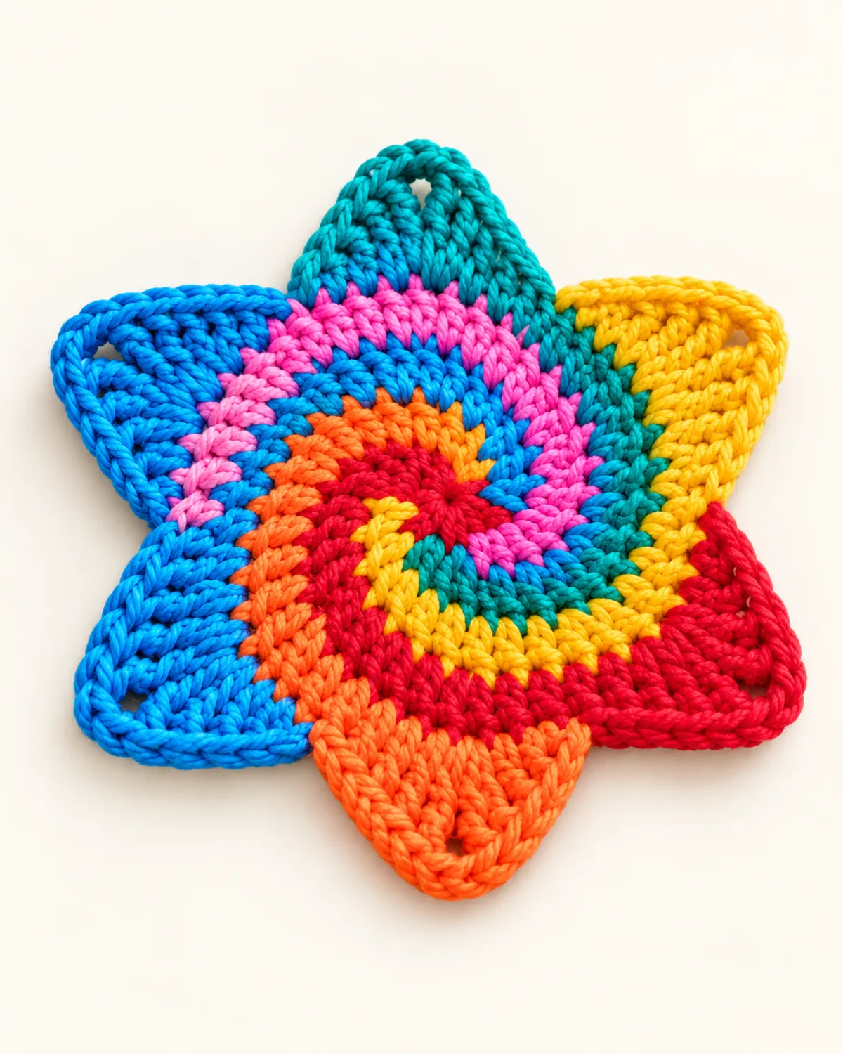 6-Stitch Spiral Star Motif, finished product on a warm off-white background
