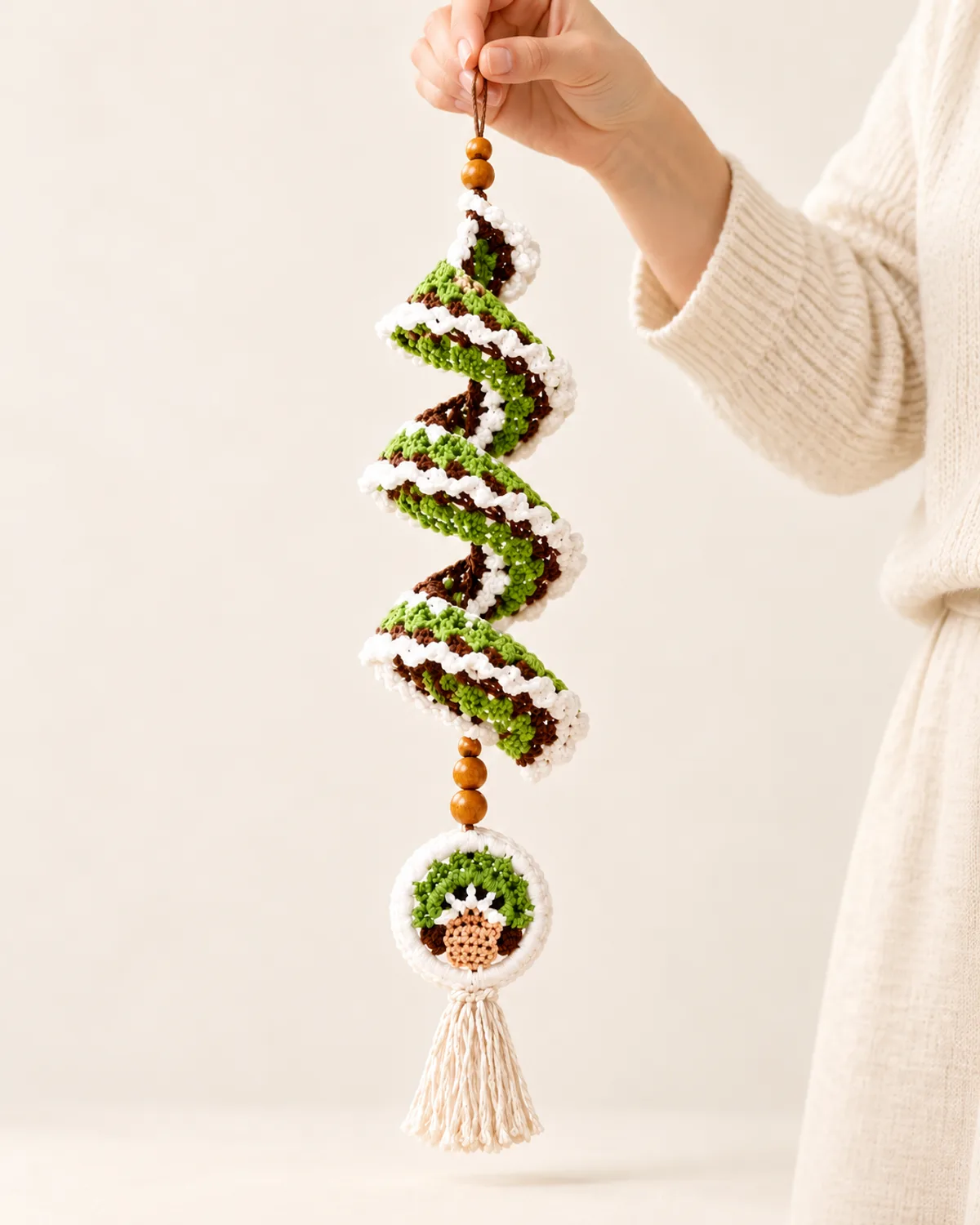Woodland Bonsai Tree Spiral Wind Spinner, front three-quarter view in use