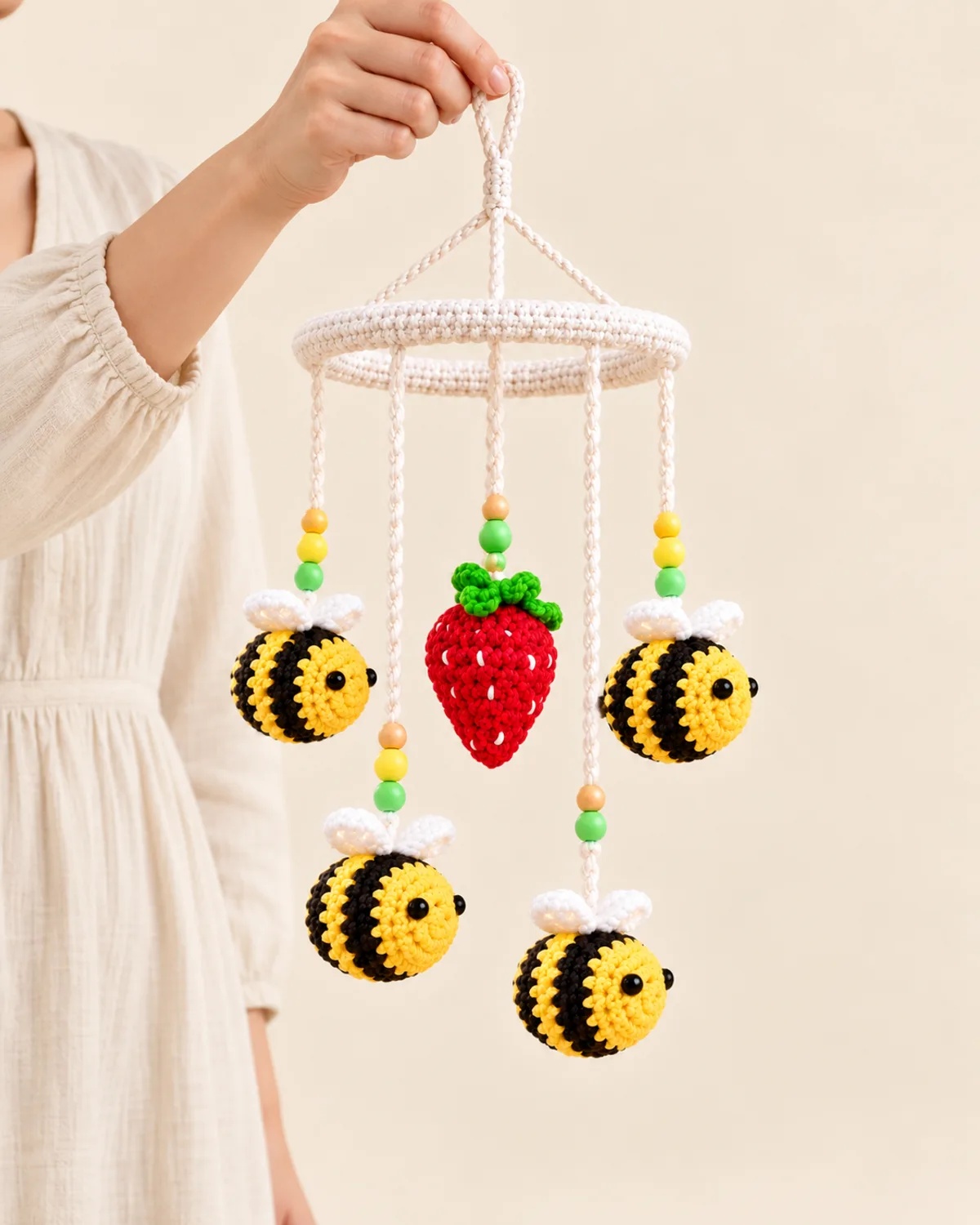 Honeybee Garden Hanging Mobile, front three-quarter view in use