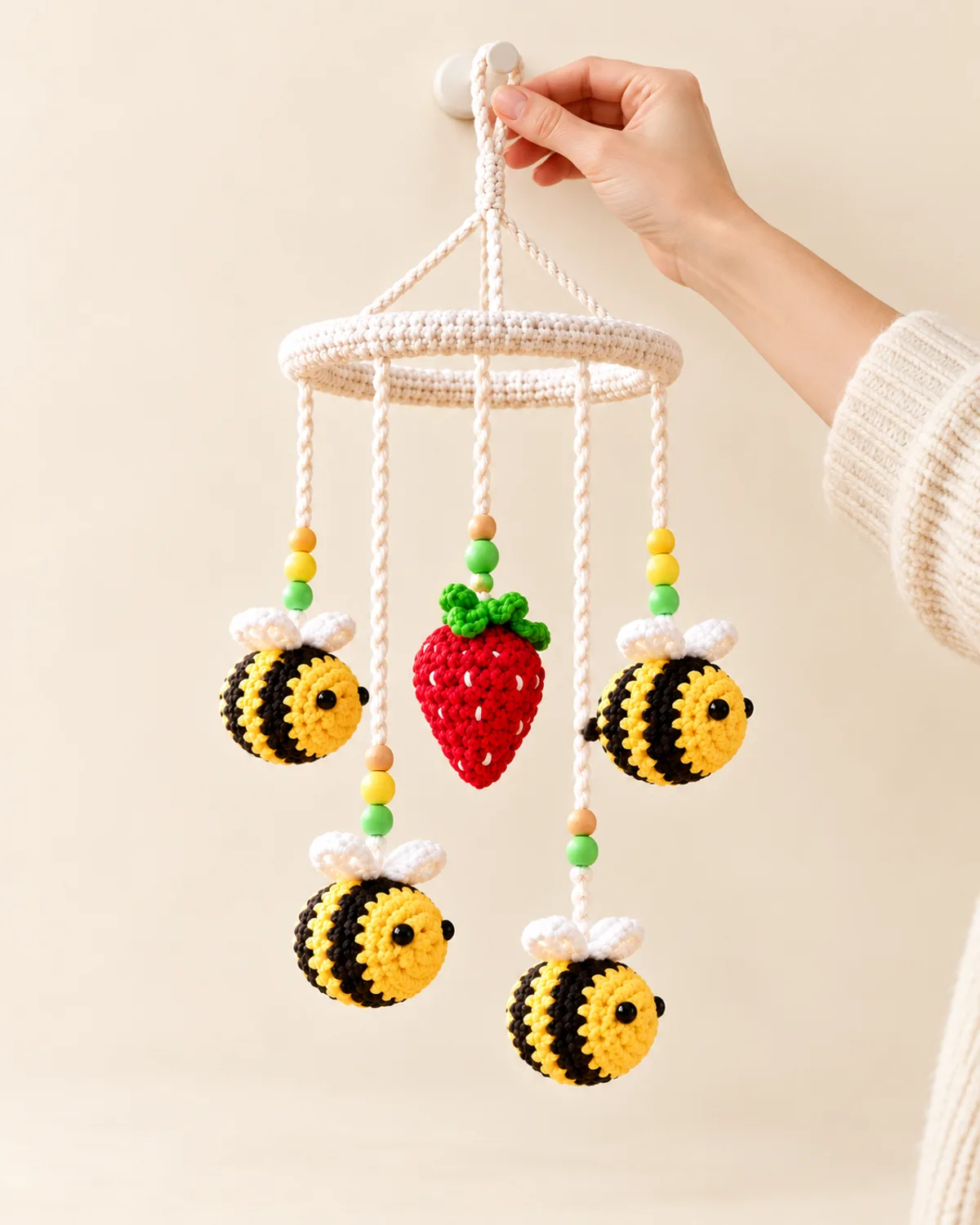 Honeybee Garden Hanging Mobile, side three-quarter view in use