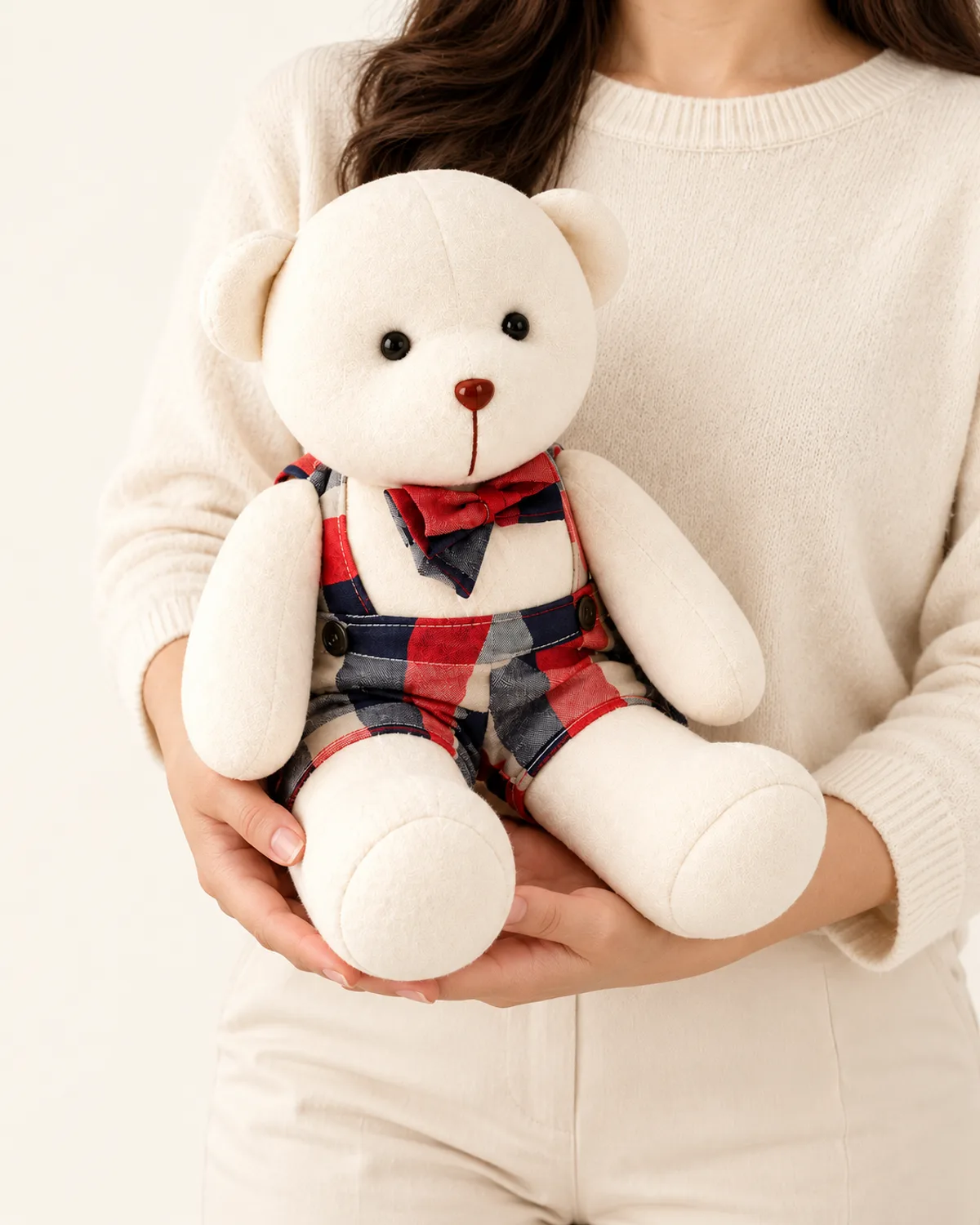Keepsake Memory Bear in Overalls, front three-quarter view in use