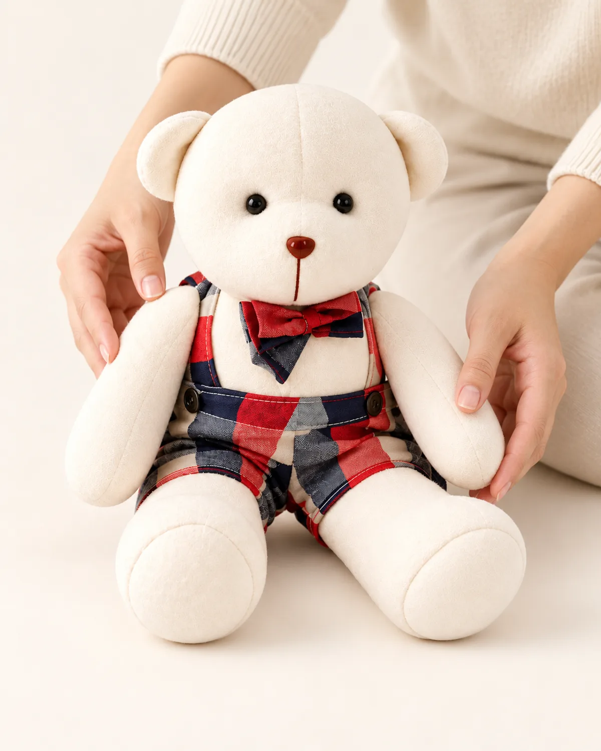 Keepsake Memory Bear in Overalls, alternate view in use