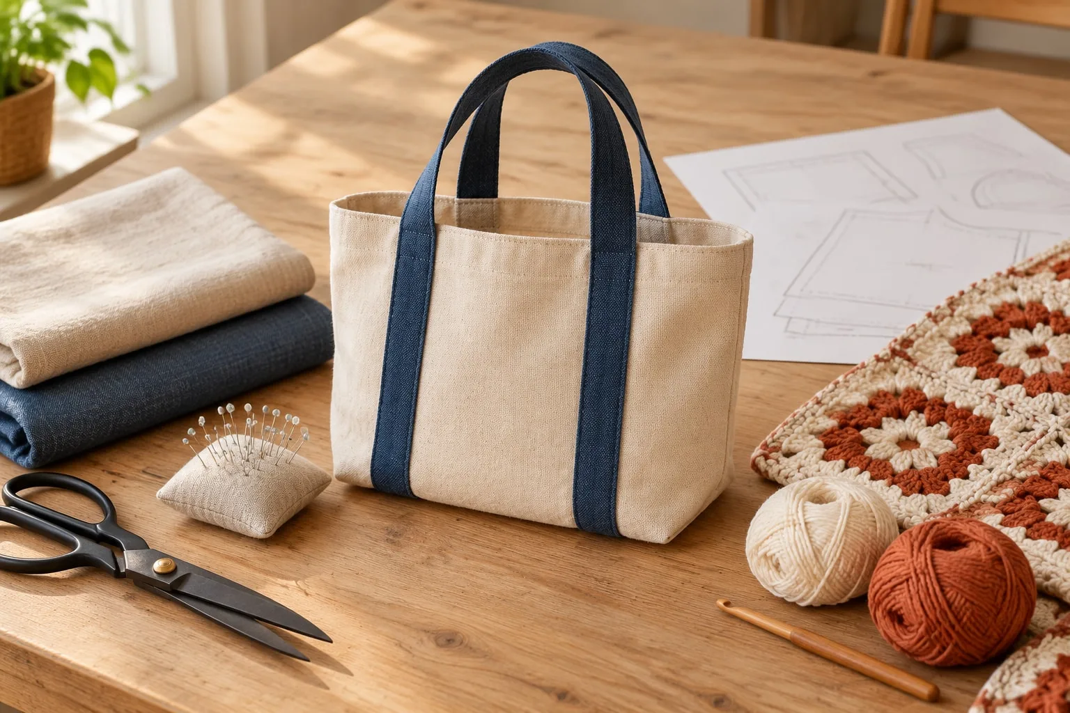 Sewing and crochet work on an oak table: folded linen, a canvas tote bag, printed pattern sheets and a granny-square blanket