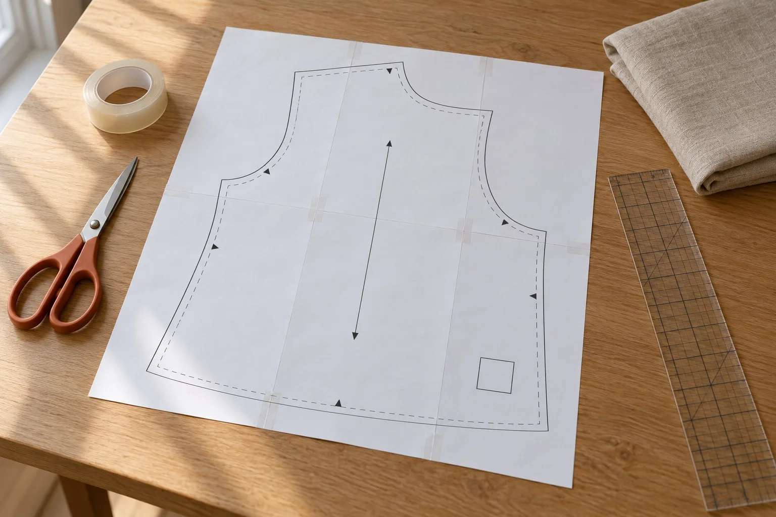 Printed pattern sheets taped together into a full-size pattern piece, with paper scissors and a ruler