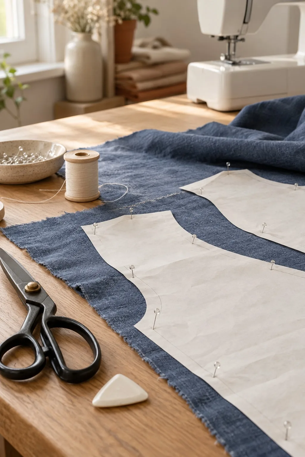 Paper pattern pieces pinned to indigo linen with fabric shears and tailor's chalk